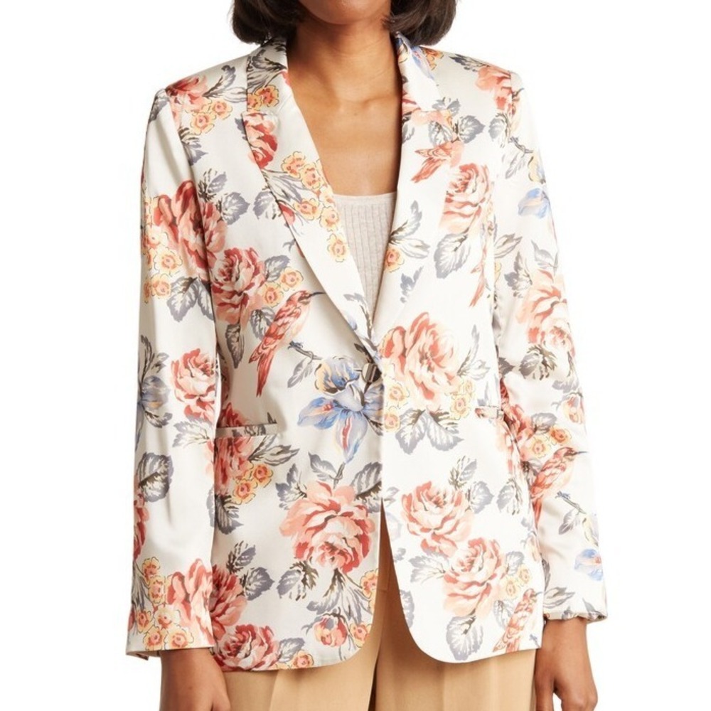 Philosophy Republic Clothing Floral Bird Print Blazer Jacket Satin Feminine